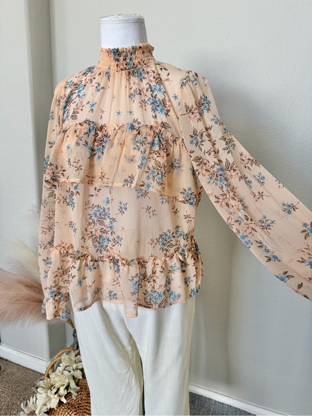 Floral Ruffle High-Neck Blouse - Peach/Blue